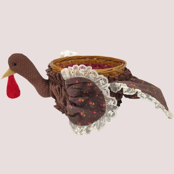 Vintage 1970s Chicken Baskets 3 Turkey Chick Calico Floral Wicker Lace Quilting - Picture 5 of 16